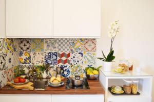 普莱伊亚诺Residence Lì Galli的厨房的墙上铺有彩色瓷砖