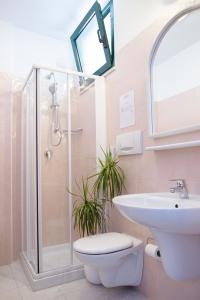 里米尼艾米利亚酒店的带淋浴、卫生间和盥洗盆的浴室