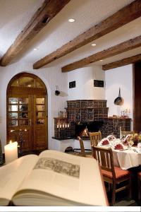 施托尔彭Burghotel Stolpen的一间设有书籍和壁炉的桌子的房间