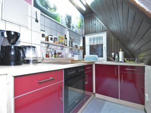 NeuwerkQuaint Holiday Home in Elbingerode near Forest的一间带红色橱柜和炉灶的厨房