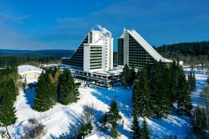 奥伯霍夫AHORN Panorama Hotel Oberhof的雪中建筑物的空中景观