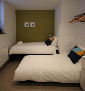 德帕内Vakantiewoning De Konijnenweg的绿墙客房内的两张床