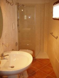 普拉Villa Franca的带淋浴、盥洗盆和卫生间的浴室