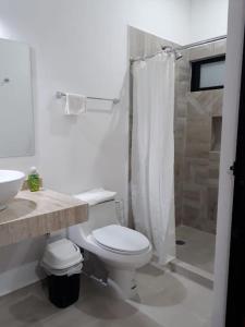 坎昆Estudio en Cancún centro的白色的浴室设有卫生间和淋浴。