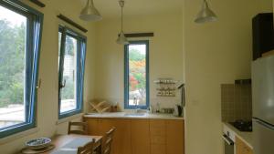 艾因霍德ARTSEA Studio Apartment with sea view的厨房配有桌子和2扇窗户。