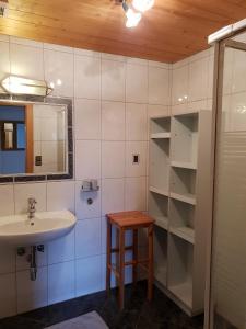 皮茨河谷阿兹尔Piz Apart Raich的一间带水槽、镜子和桌子的浴室