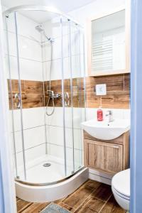 米兹多洛杰Morning Star Apartments的带淋浴和盥洗盆的浴室