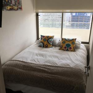 圣地亚哥Kennedy Premium Apartments的卧室配有带枕头的床铺和窗户。