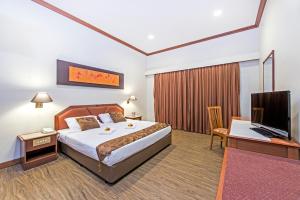 新加坡Hotel 81 Tristar的酒店客房配有一张床、一张书桌和一台电视。
