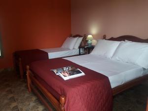 卡法亚特Alto Del Valle Cafayate的一张床位,位于酒店客房内,床上有杂志