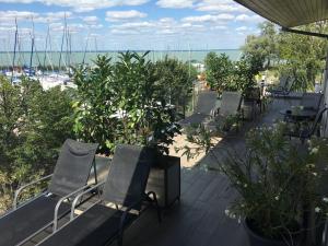 希欧福克Calypso Lakeside Rooms & Lux Apartments的植物阳台的一排椅子