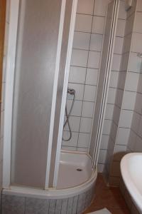 斯拉沃尼亚布罗德Prenoćište "Magnus"的一间带水槽的白色淋浴浴室