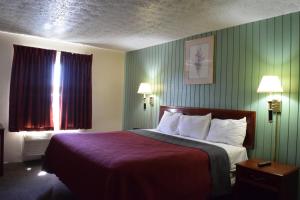 Ontario Center安大略经济旅馆的酒店客房设有一张床和两个窗户。