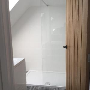 温彻斯特Idyllic Studio Flat的浴室里设有玻璃门淋浴