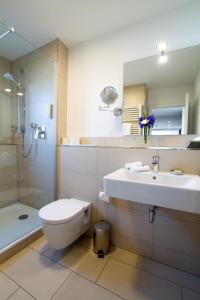 于伯林根西帕加尔尼酒店的浴室配有卫生间、盥洗盆和淋浴。
