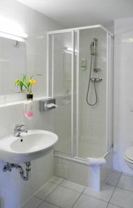 万德利茨沃尔德湾里兹酒店 的带淋浴和盥洗盆的白色浴室