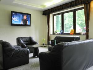 万德利茨沃尔德湾里兹酒店 的客厅配有2把皮椅和电视
