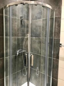 勒卡内Appartement PALOMA Proche Cannes的浴室里设有玻璃门淋浴