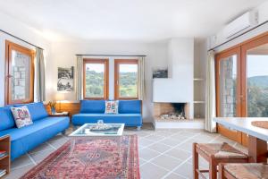 欧拉努波利斯Villa Almira Luxury Apartments的客厅设有蓝色的沙发和壁炉