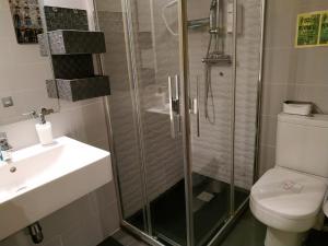 巴塞罗那希内夫拉酒店的带淋浴、卫生间和盥洗盆的浴室