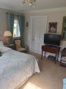 利斯纳龙科里里斯乡村酒店的一间卧室配有一张床、一台钢琴和一台电视