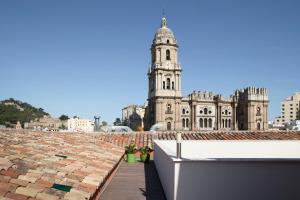 马拉加珀蒂宫广场马拉加酒店的从带钟楼建筑屋顶上欣赏美景