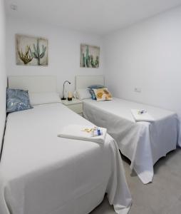 庞特维德拉Alameda Home Pontevedra的白色墙壁客房的两张床