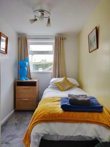 牛顿阿伯特Garden Apartment的一间卧室配有一张带黄色毯子和窗户的床