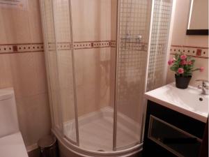 巴塞罗那Barcelona Central Garden Hostal的浴室里设有玻璃门淋浴
