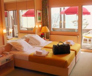 克莱恩 蒙塔纳福赫酒店的一间酒店客房,配有一张带袋子的床