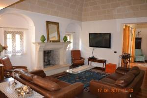 法萨诺Masseria Fragnale的带沙发和壁炉的客厅