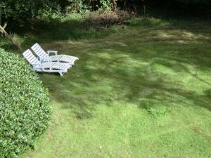 新基兴Ferienwohnung Bachforelle的两把白色椅子坐在院子里的草地上