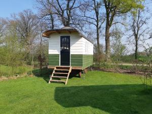 MeddooB&B Pipowagen "de Luxe" op Wellness Camping en B&B的院子里的绿色和白色小房子