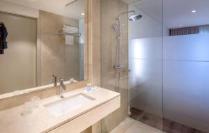 马亚Oporto Airport & Business Hotel的一间带水槽和淋浴的浴室