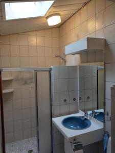 诺德施华伍德B&B De Blauwe Tulp的浴室设有蓝色水槽和镜子