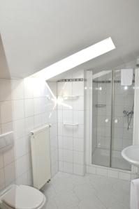 美因河畔法兰克福舒尔巴赫霍夫兰德酒店的带淋浴和卫生间的白色浴室