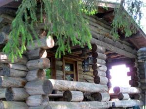 伊萨尔米克罗考罗度假屋的小木屋,有窗户和一堆木头
