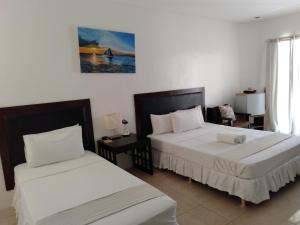 长滩岛Boracay White Coral Hotel的一间卧室设有两张床、一张桌子和一个窗口。