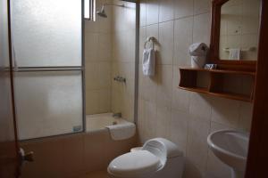 比亚米尔港Apartments Center GSV的带淋浴、卫生间和盥洗盆的浴室