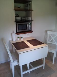 灵克宾Lilleledgaard Apartment的厨房配有桌子、微波炉和椅子