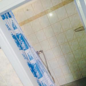 Káto AlissósCamping Kato Alissos的浴室内配有蓝色淋浴帘