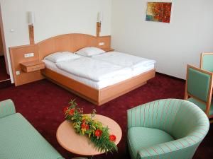 圣加伦汉斯勒宾馆的一间卧室配有一张床、两把椅子和一张桌子
