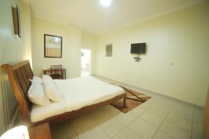 恩德培Entebbe Palm Hotel的卧室配有一张床,墙上配有电视。