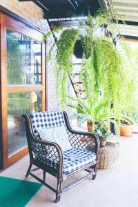 崇贞夫Wang Jai Kwang Space Inn的藤椅,坐在带植物的门廊上