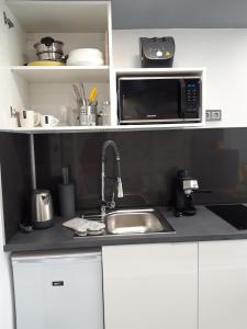 锡盖特堡Belvárosi apartman的厨房配有水槽和微波炉