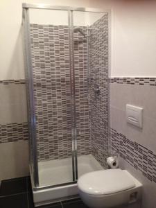 贡内萨Ampio appartamento Sulcis Iglesiente Sardegna的一间带卫生间和玻璃淋浴间的浴室