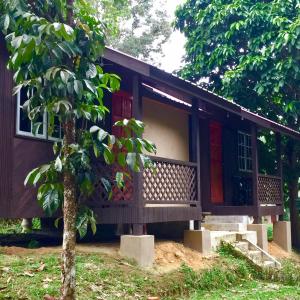 而连突Lang Buana Eco Park的一个小房子,有门廊和一棵树