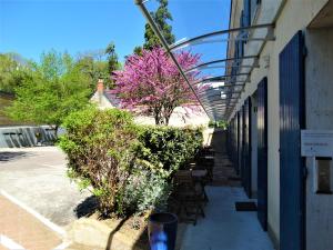 图尔开花的卡斯特尔酒店的户外庭院设有桌子和种有粉红色花卉的树木