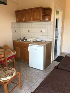 苏卡雷斯Nonika’s house 1的厨房配有白色冰箱和木制橱柜。