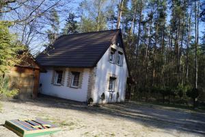 莫龙格Uroczy domek do wynajęcia w Bogaczewie nad jeziorem Narie的一间黑色屋顶的白色小房子